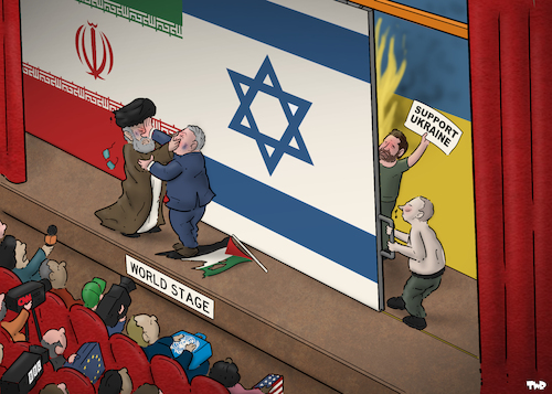 Cartoon: World stage (medium) by Tjeerd Royaards tagged zelensky,netanyahu,israel,ukraine,iran,putin,khamenei,russia,zelensky,netanyahu,israel,ukraine,iran,putin,khamenei,russia