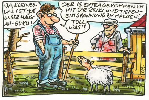 Cartoon: Biofleisch (medium) by GB tagged bio,fleisch,metzger,schlachter,öko,natur,bauer,landwirt,ernährung,essen,tiere,bio,fleisch,metzger,schlachter,schlachthof,schlachten,fleischer,landwirt,bauer,landwirtschaft,nahrung,essen,ernährung,handel,verkauf,tiere,tier,schaf,schafe,biofleisch,lebensmittel