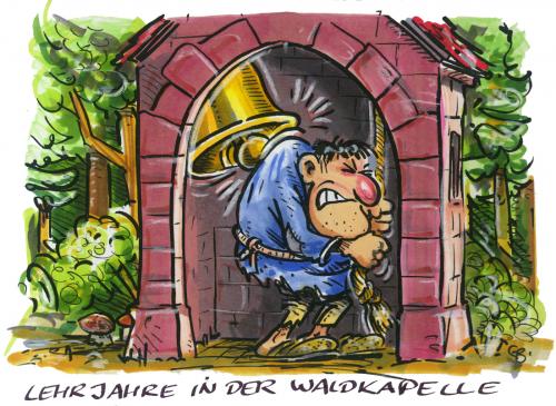 Cartoon: Lehrjahre in der Waldkapelle (medium) by GB tagged kirche,church,glöckner,bell,notre,dame,film,movie,religion,kirche,glöckner,notre,dame,religion,glocke,buckel,qual,kathedrale,lamartine,quasimodo,paris,frankreich,romanfigur,figur,anthony quinn,gina lollobrigida,charles laughton,maureen ohara,esmeralda,filmgeschichte,glockenturm,mittelalter,filmstars,filmproduktion,klassiker,filmklassiker,großes kino,anthony,quinn,gina,lollobrigida,charles,laughton,maureen,ohara,großes,kino