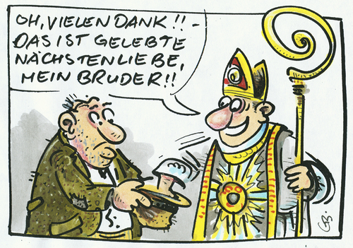 Cartoon: Nächstenliebe (medium) by GB tagged limburg,bischof,katholische,kirche,gemeinde,hirte,fürstbischof,franz,peter,tebartz,van,elst,limburg,bischof,katholische,kirche,gemeinde,hirte,fürstbischof,franz,peter,tebartz,van,elst