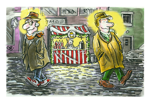 Cartoon: Nürnberger Christkindlesmarkt (medium) by GB tagged weihnachten,weihnachtsmann,nikolaus,advent,christkind,glühwein,trinken,weihnachtsmarkt,glühen,kopfbedeckung,heiligenschein