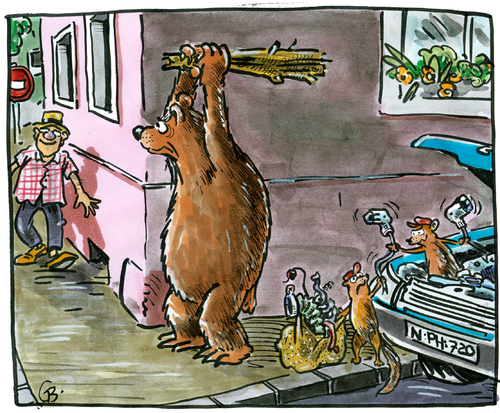 Cartoon: Raubtiere in der Stadt (medium) by GB tagged schutz,arten,tier,jagd,dieb,räuber,marder,bär,landflucht,stadt,tiere,wild,wild,tiere,stadt,landflucht,bär,marder,räuber,jagd,dieb,tier,arten,schutz