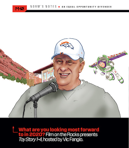 Cartoon: Vic Fangio Toy Story Host (medium) by karlwimer tagged american,football,nfl,denver,broncos,vic,fangio,drew,lock,buzz,lightyear,toy,story,red,rocks,sports,cartoon,fun