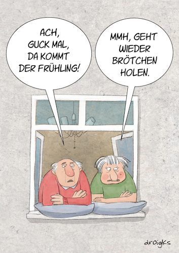 Cartoon: der Frühling kommt (medium) by droigks tagged rentner,droigks,oma,opa,nachbar,broetchen,holen,baeckerei,fruehlingserwachen,jahreszeit,rentner,droigks,oma,opa,nachbar,broetchen,holen,baeckerei,fruehlingserwachen,jahreszeit