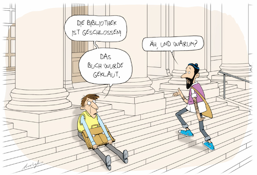 Cartoon: Die-Ein-Buch-Bibliothek (medium) by droigks tagged bibo,bibliothek,buch,lesen,ausleihen,droigks,studieren,schliessung,diebstahl,bibo,bibliothek,buch,lesen,ausleihen,droigks,studieren,schliessung,diebstahl