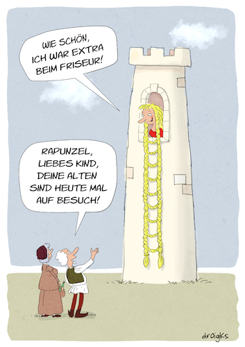 Cartoon: Elternbesuch (medium) by droigks tagged droigks,rapunzel,haarschnitt,frisur,frise,besuch,frisoer,friseuse,eltern,klettern,strickleiter,turm,entgegenkommen,einladend,maerchen,droigks,rapunzel,haarschnitt,frisur,frise,besuch,frisoer,friseuse,eltern,klettern,strickleiter,turm,entgegenkommen,einladend,maerchen