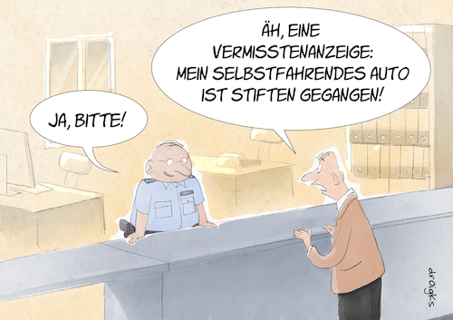 Cartoon: selbstfahrendes Auto (medium) by droigks tagged abgehauen,ausgebuext,stiften,gegangen,droigks,anzeige,vermisst,vermisstenanzeige,polizeistelle,polizeirevier,ki,eigenleben,unternehmungslustig,eigenständig,abgehauen,ausgebuext,stiften,gegangen,droigks,anzeige,vermisst,vermisstenanzeige,polizeistelle,polizeirevier,ki,eigenleben,unternehmungslustig,eigenständig