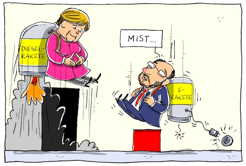 Cartoon: abgehobene wahlrakete (medium) by leopold maurer tagged merkel,schulz,bundeskanzler,cdu,csu,spd,wahlumfrage,umfragewerte,rakete,abgehoben,diesel,benzin,verbrennungsmotor,elektromotor,konfrontation,bundestagswahl,deutschland,wahl,merkel,schulz,bundeskanzler,cdu,csu,spd,wahlumfrage,umfragewerte,rakete,abgehoben,diesel,benzin,verbrennungsmotor,elektromotor,konfrontation,bundestagswahl,deutschland,wahl