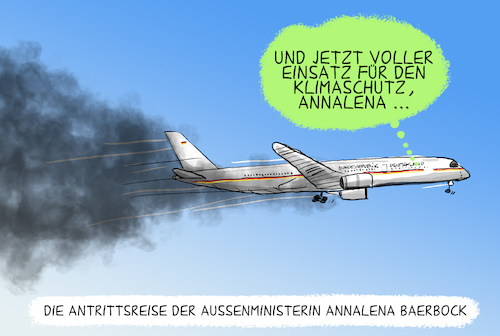 Cartoon: Antrittsreise Baerbock (medium) by leopold maurer tagged baerbock,aussenministerin,antrittsreise,klimaschutz,klimawandel,flugreisen,verzicht,statement,baerbock,aussenministerin,antrittsreise,klimaschutz,klimawandel,flugreisen,verzicht,statement