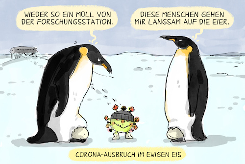 Cartoon: Corona-Ausbruch in Antarktis (medium) by leopold maurer tagged corona,virus,antarktis,forschungsstation,pinguin,eier,pandemie,ausbruch,menschen,klimawandel,umweltverschmutzung,kaiserpinguin,tiere,umwelt,leopold,maurer,cartoon,karikatur,corona,virus,antarktis,forschungsstation,pinguin,eier,pandemie,ausbruch,menschen,klimawandel,umweltverschmutzung,kaiserpinguin,tiere,umwelt,leopold,maurer,cartoon,karikatur