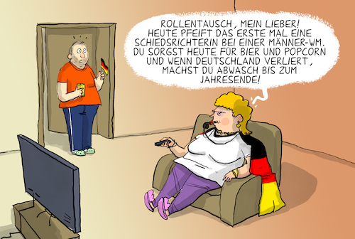 Cartoon: Deutschland gegen Costa Rica (medium) by leopold maurer tagged wm,katar,2022,deutschland,costa,rica,gruppenphase,fußball,frau,schiedsrichterin,rollentausch,männer,rollen,traditionell,fernseher,leopold,maurer,cartoon,karikatur,wm,katar,2022,deutschland,costa,rica,gruppenphase,fußball,frau,schiedsrichterin,rollentausch,männer,rollen,traditionell,fernseher,leopold,maurer,cartoon,karikatur