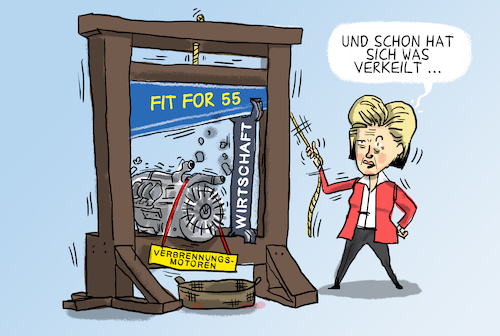 Cartoon: Fit For 55 (medium) by leopold maurer tagged fit,for,55,eu,kommission,co2,ausstoss,autoindustrie,wirtschaft,verbrennungsmotoren,reduktion,prozent,von,der,leyen,guillotine,industrie,gegenstimmen,diskussion,fit,for,55,eu,kommission,co2,ausstoss,autoindustrie,wirtschaft,verbrennungsmotoren,reduktion,prozent,von,der,leyen,guillotine,industrie,gegenstimmen,diskussion