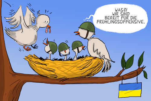 Cartoon: Frühlingsoffensive (medium) by leopold maurer tagged ukraine,krieg,russland,putin,angriffskrieg,eroberung,zurückeroberung,vertreibung,aggressor,frühling,offensive,truppen,soldaten,vögel,nest,frühjahr,helme,leopold,maurer,karikatur,cartoon,ukraine,krieg,russland,putin,angriffskrieg,eroberung,zurückeroberung,vertreibung,aggressor,frühling,offensive,truppen,soldaten,vögel,nest,frühjahr,helme,leopold,maurer,karikatur,cartoon