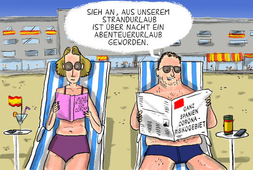 Cartoon: Ganz Spanien Risikogebiet (medium) by leopold maurer tagged spanien,urlaub,meer,sommerferien,corona,covid,pandemie,infektionszahlen,risikogebiet,spanien,urlaub,meer,sommerferien,corona,covid,pandemie,infektionszahlen,risikogebiet