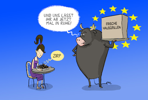 Cartoon: Hausgrille als Lebensmittel (medium) by leopold maurer tagged eu,zulassung,hausgrille,pulver,lebensmittel,ernährung,klimaschonend,rindfleisch,fleisch,schwein,rind,huhn,pute,insekten,stier,europa,leopold,maurer,karikatur,cartoon,eu,zulassung,hausgrille,pulver,lebensmittel,ernährung,klimaschonend,rindfleisch,fleisch,schwein,rind,huhn,pute,insekten,stier,europa,leopold,maurer,karikatur,cartoon