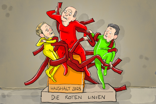 Cartoon: Haushalt 2025 (medium) by leopold maurer tagged schuldenbremse,rote,linien,ampel,ministerien,habeck,lindner,scholz,bundeskanzler,grüne,fdp,spd,deutschland,finanzen,etat,frist,streit,kompromisse,regierung,laookon,leopold,maurer,cartoon,karikatur,schuldenbremse,rote,linien,ampel,ministerien,habeck,lindner,scholz,bundeskanzler,grüne,fdp,spd,deutschland,finanzen,etat,frist,streit,kompromisse,regierung,laookon,leopold,maurer,cartoon,karikatur