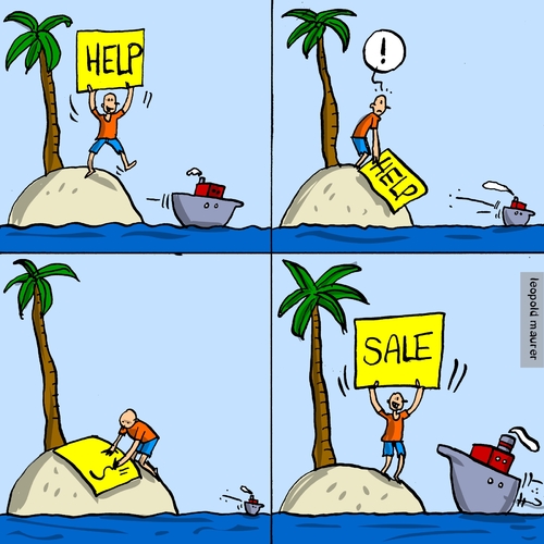 Cartoon: help versus sale (medium) by leopold maurer tagged help,sale,ausverkauf,sos,hilfe,schiffbrüchig,insel,konsum,konsumgesellschaft,konsumgläubigkeit,help,sale,ausverkauf,sos,hilfe,schiffbrüchig,insel,konsum,konsumgesellschaft,konsumgläubigkeit