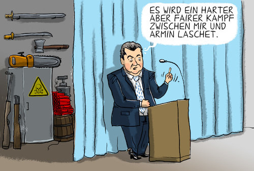 Cartoon: K-Frage (medium) by leopold maurer tagged frage,kanzler,kandidat,csu,cdu,kampf,söder,laschet,hart,fair,leopold,maurer,karikatur,cartoon,illustration,comic,frage,kanzler,kandidat,csu,cdu,kampf,söder,laschet,hart,fair,leopold,maurer,karikatur,cartoon,illustration,comic