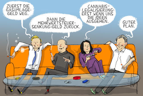 Cartoon: Mehrwertsteuersenkung (medium) by leopold maurer tagged mehrwertsteuer,senkung,gasumlage,regierung,ampel,koalition,plan,krise,energie,gas,cannabis,legalisierung,programm,fdp,spd,gruene,lindner,scholz,baerbock,habeck,joint,runde,kiffen,sofa,leopold,maurer,cartoon,karikatur,mehrwertsteuer,senkung,gasumlage,regierung,ampel,koalition,plan,krise,energie,gas,cannabis,legalisierung,programm,fdp,spd,gruene,lindner,scholz,baerbock,habeck,joint,runde,kiffen,sofa,leopold,maurer,cartoon,karikatur