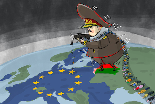 Cartoon: Migration als Waffe (medium) by leopold maurer tagged weißrussland,eu,polen,belarus,flüchtlinge,grenze,einfliegen,durchschleusen,lukaschenko,migration,migranten,asylsuchende,weißrussland,eu,polen,belarus,flüchtlinge,grenze,einfliegen,durchschleusen,lukaschenko,migration,migranten,asylsuchende