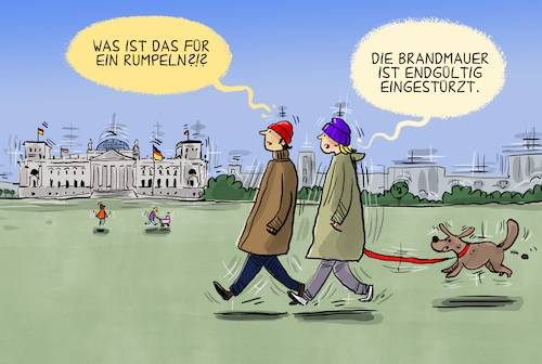 Cartoon: Migrationspolitik im Bundestag (medium) by leopold maurer tagged deutschland,migrationspolitik,gesetze,asyl,cdu,csu,merz,abstimmung,afd,stimmen,gesetz,brandmauer,rechtsextremismus,partei,koalition,rumpeln,bundestag,spaziergeher,erschütterung,demokratie,leopold,maurer,karikatur,cartoon,deutschland,migrationspolitik,gesetze,asyl,cdu,csu,merz,abstimmung,afd,stimmen,gesetz,brandmauer,rechtsextremismus,partei,koalition,rumpeln,bundestag,spaziergeher,erschütterung,demokratie,leopold,maurer,karikatur,cartoon