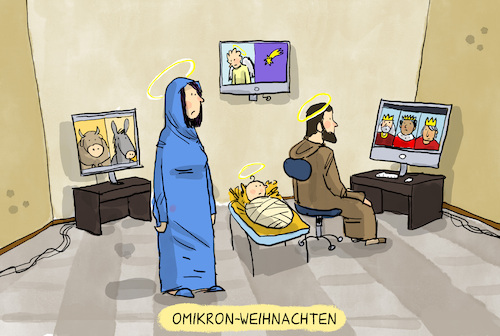 Cartoon: Omikron-Weihnachten (medium) by leopold maurer tagged omikron,massnahmen,mutante,virus,corona,covid,weihnachten,2021,heilige,familie,krippe,zoom,homeoffice,telekonferenz,ansteckung,impfung,omikron,massnahmen,mutante,virus,corona,covid,weihnachten,2021,heilige,familie,krippe,zoom,homeoffice,telekonferenz,ansteckung,impfung