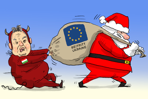 Cartoon: Orban droht Veto an (medium) by leopold maurer tagged orban,veto,startschuss,eu,beitrittsverhandlungen,ukraine,krampus,nikolaus,ungarn,krieg,russland,sanktionen,milliarden,gelder,erpressung,leopold,maurer,karikatur,cartoon,orban,veto,startschuss,eu,beitrittsverhandlungen,ukraine,krampus,nikolaus,ungarn,krieg,russland,sanktionen,milliarden,gelder,erpressung,leopold,maurer,karikatur,cartoon