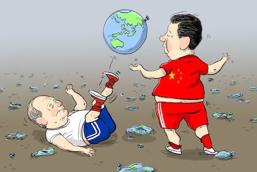 Cartoon: Putin und Xi (medium) by leopold maurer tagged putin,xi,jinping,china,russland,treffen,weltordnung,westen,osten,ukraine,wirtschaft,krieg,beziehungen,diplomatie,autokraten,weltkugel,abhängigkeit,vladimir,besuch,leopold,maurer,karikatur,cartoon,putin,xi,jinping,china,russland,treffen,weltordnung,westen,osten,ukraine,wirtschaft,krieg,beziehungen,diplomatie,autokraten,weltkugel,abhängigkeit,vladimir,besuch,leopold,maurer,karikatur,cartoon