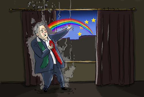 Cartoon: Regenbogenaufgang in Ungarn (medium) by leopold maurer tagged orban,ungarn,gesetz,homophobie,eu,menschenrechte,regenbogen,pride,lgbtq,homosexuell,rechte,uefa,em,orban,ungarn,gesetz,homophobie,eu,menschenrechte,regenbogen,pride,lgbtq,homosexuell,rechte,uefa,em