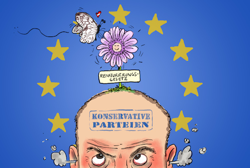 Cartoon: Renaturierungsgesetz beschlossen (medium) by leopold maurer tagged renaturierungsgesetz,eu,beschluss,umweltminister,green,deal,konservative,landwirte,gegner,oesterreich,gewessler,nehammer,oevp,stimme,gruene,aufforstung,moore,bluetenhecken,flusslaeufe,meer,renaturierung,umwelt,co2,klimawandel,klimaschutz,umweltschutz,leopold,maurer,karikatur,cartoon,renaturierungsgesetz,eu,beschluss,umweltminister,green,deal,konservative,landwirte,gegner,oesterreich,gewessler,nehammer,oevp,stimme,gruene,aufforstung,moore,bluetenhecken,flusslaeufe,meer,renaturierung,umwelt,co2,klimawandel,klimaschutz,umweltschutz,leopold,maurer,karikatur,cartoon