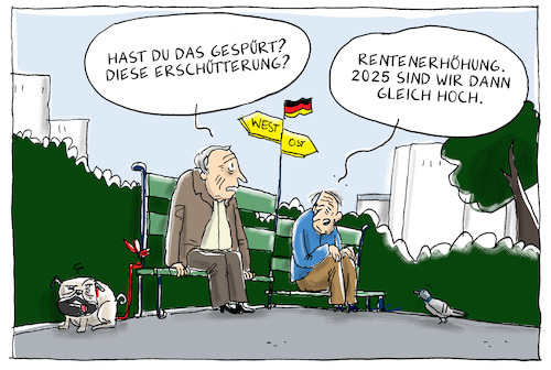 Cartoon: rentenerhöhung (medium) by leopold maurer tagged deutschland,rente,erhöhung,angleichung,2025,ost,west,ostwestgefälle,deutschland,rente,erhöhung,angleichung,2025,ost,west,ostwestgefälle