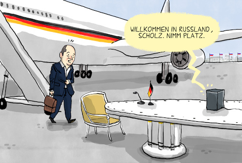 Cartoon: Scholz besucht Putin (medium) by leopold maurer tagged scholz,putin,deutschland,russland,antrittsbesuch,verhandlung,ukraine,konflikt,krieg,frieden,truppen,diplomatie,grenze,nato,tisch,lang,sanktionen,gas,wirtschaft,flugzeug,flughafen,leopold,maurer,karikatur,cartoon,scholz,putin,deutschland,russland,antrittsbesuch,verhandlung,ukraine,konflikt,krieg,frieden,truppen,diplomatie,grenze,nato,tisch,lang,sanktionen,gas,wirtschaft,flugzeug,flughafen,leopold,maurer,karikatur,cartoon