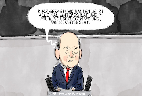 Cartoon: Scholz Rede (medium) by leopold maurer tagged scholz,ampel,regierung,bundeskanzler,rede,alone,schwierige,zeiten,haushalt,nachtragshaushalt,verfassungsgerichtshof,budget,koalition,realitaet,gruene,fdp,urteil,schuldenbremse,finanzen,vorhaben,bundestag,winterschlaf,leopold,maurer,cartoon,karikatur,scholz,ampel,regierung,bundeskanzler,rede,alone,schwierige,zeiten,haushalt,nachtragshaushalt,verfassungsgerichtshof,budget,koalition,realitaet,gruene,fdp,urteil,schuldenbremse,finanzen,vorhaben,bundestag,winterschlaf,leopold,maurer,cartoon,karikatur