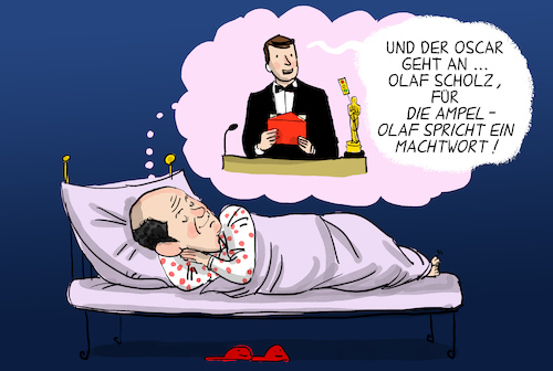 Cartoon: Scholz träumt vom Oscar (medium) by leopold maurer tagged olaf,scholz,deutschland,kanzler,ampel,koalition,spd,gruene,fdp,machtwort,streit,verkehr,wirtschaft,finanzen,minister,projekte,oscar,preis,leopold,maurer,karikatur,cartoon,olaf,scholz,deutschland,kanzler,ampel,koalition,spd,gruene,fdp,machtwort,streit,verkehr,wirtschaft,finanzen,minister,projekte,oscar,preis,leopold,maurer,karikatur,cartoon