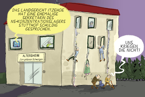 Cartoon: Schuldspruch KZ-Sekretärin (medium) by leopold maurer tagged kz,sekretärin,alt,jahre,97,schuldspruch,anklage,mithilfe,mittäterschaft,konzentrationslager,mord,verjährung,nationalsozialismus,schuld,erinnerungskultur,mitwisserschaft,täter,täterinnen,altersheim,viele,deutschland,österreich,partei,mitglieder,schweigen,gold,erinnerungen,aufarbeitung,reparationszahlungen,gericht,gerichtsverfahren,leopold,maurer,cartoon,karikatur,kz,sekretärin,alt,jahre,97,schuldspruch,anklage,mithilfe,mittäterschaft,konzentrationslager,mord,verjährung,nationalsozialismus,schuld,erinnerungskultur,mitwisserschaft,täter,täterinnen,altersheim,viele,deutschland,österreich,partei,mitglieder,schweigen,gold,erinnerungen,aufarbeitung,reparationszahlungen,gericht,gerichtsverfahren,leopold,maurer,cartoon,karikatur