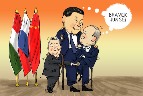 Cartoon: Seidenstrassen-Gipfel (medium) by leopold maurer tagged seidenstrasse,gipfel,china,russland,ungarn,lob,wirtschaft,sanktionen,eu,krise,orban,xi,ping,putin,ukraine,krieg,energie,anbiederung,autokraten,diktatur,illiberalismus,leopold,maurer,cartoon,karikatur,seidenstrasse,gipfel,china,russland,ungarn,lob,wirtschaft,sanktionen,eu,krise,orban,xi,ping,putin,ukraine,krieg,energie,anbiederung,autokraten,diktatur,illiberalismus,leopold,maurer,cartoon,karikatur