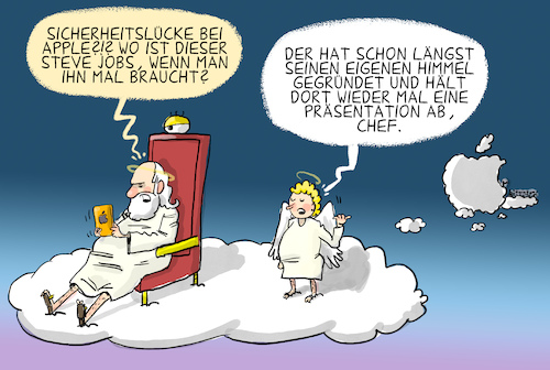 Cartoon: Sicherheitslücke bei Apple (medium) by leopold maurer tagged apple,sicherheitslücke,hacker,informationen,nutzer,update,jenseits,himmel,gott,steve,jobs,instalation,engel,leopold,maurer,karikatur,cartoon,apple,sicherheitslücke,hacker,informationen,nutzer,update,jenseits,himmel,gott,steve,jobs,instalation,engel,leopold,maurer,karikatur,cartoon