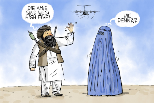 Cartoon: Siegesfeiern und Verzweiflung (medium) by leopold maurer tagged afghanistan,usa,taliban,siegesfeier,evakuierung,deadline,verzweiflung,frauen,frauenrechte,burka,unterdrückung,mädchen,schule,islamistisch,verfolgung,folter,tod,afghanistan,usa,taliban,siegesfeier,evakuierung,deadline,verzweiflung,frauen,frauenrechte,burka,unterdrückung,mädchen,schule,islamistisch,verfolgung,folter,tod