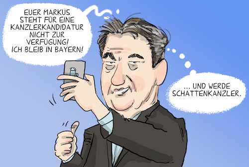 Cartoon: Söder Kanzlerkandidatur (medium) by leopold maurer tagged söder,markus,bayern,cdu,csu,kanzler,kanzlerkandidatur,merz,wahl,umfragen,hoch,schattenkanzler,handy,selfie,ministerpräsident,leopold,maurer,cartoon,karikatur,söder,markus,bayern,cdu,csu,kanzler,kanzlerkandidatur,merz,wahl,umfragen,hoch,schattenkanzler,handy,selfie,ministerpräsident,leopold,maurer,cartoon,karikatur