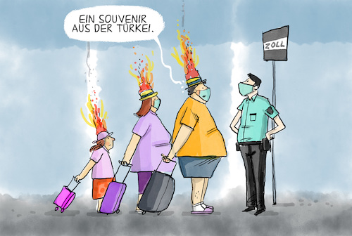 Cartoon: Souvenir aus der Türkei (medium) by leopold maurer tagged urlaub,tourismus,klima,waldbrände,sommer,2021,griechenland,türkei,hitzewelle,brände,klimawandel,urlaub,tourismus,klima,waldbrände,sommer,2021,griechenland,türkei,hitzewelle,brände,klimawandel