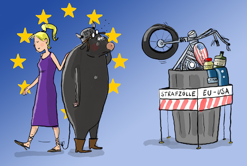 Cartoon: Strafzölle EU USA (medium) by leopold maurer tagged eu,usa,strafzölle,trump,präsident,stahl,aluminium,whiskey,erdnussbutter,jeans,harley,davidson,europa,stier,zoll,wirtschaft,international,inflation,teuerung,leopold,maurer,cartoon,karikatur,eu,usa,strafzölle,trump,präsident,stahl,aluminium,whiskey,erdnussbutter,jeans,harley,davidson,europa,stier,zoll,wirtschaft,international,inflation,teuerung,leopold,maurer,cartoon,karikatur