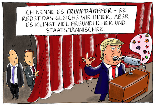 Cartoon: trumps rede zur lage der nation (medium) by leopold maurer tagged trump,usa,rede,zur,lage,der,nation,kreide,fressen,schalldämpfer,weichspüler,freundlich,staatsmännisch,anhänger,partei,republikaner,demokraten,trump,usa,rede,zur,lage,der,nation,kreide,fressen,schalldämpfer,weichspüler,freundlich,staatsmännisch,anhänger,partei,republikaner,demokraten