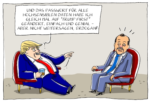 Cartoon: trumps secret (medium) by leopold maurer tagged trump,erdogan,treffen,usa,türkei,gespräche,geheimnis,geheime,daten,top,secret,russland,affäre,ausplaudern,passwort,trump,erdogan,treffen,usa,türkei,gespräche,geheimnis,geheime,daten,top,secret,russland,affäre,ausplaudern,passwort