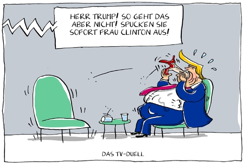 Cartoon: tv-duell (medium) by leopold maurer tagged clinton,trump,tv,duell,diskussion,unberechenbarkeit,usa,wahlen,präsident,clinton,trump,tv,duell,diskussion,unberechenbarkeit,usa,wahlen,präsident