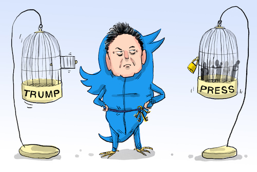 Cartoon: Twittersperre Journalistenkonto (medium) by leopold maurer tagged twitter,journalisten,pressefreiheit,meinungsfreiheit,musk,konten,sperren,willkür,trump,hass,im,netz,hate,hater,trolle,netzwerk,sozial,times,cnn,washington,post,unliebsame,artikel,leopold,maurer,cartoon,karikatur,twitter,journalisten,pressefreiheit,meinungsfreiheit,musk,konten,sperren,willkür,trump,hass,im,netz,hate,hater,trolle,netzwerk,sozial,times,cnn,washington,post,unliebsame,artikel,leopold,maurer,cartoon,karikatur