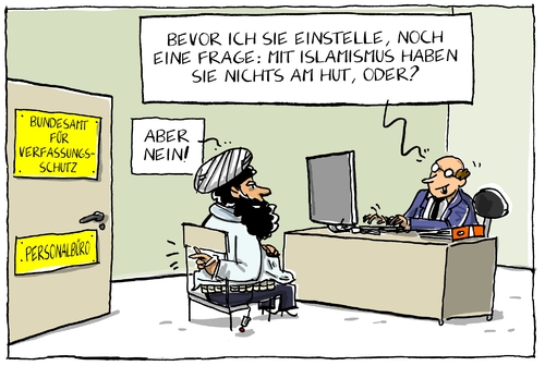 Cartoon: verfassungsschutz (medium) by leopold maurer tagged verfassungsschutz,einstellung,personalbüro,islamismus,verfassungsschutz,einstellung,personalbüro,islamismus