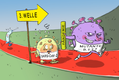 Cartoon: Virus-Staffellauf (medium) by leopold maurer tagged virus,pandemie,dritte,welle,covid,19,corona,mutation,mutante,b117,sars,cov,impfung,impfplan,leopold,maurer,karikatur,cartoon,illustration,comic,virus,pandemie,dritte,welle,covid,19,corona,mutation,mutante,b117,sars,cov,impfung,impfplan,leopold,maurer,karikatur,cartoon,illustration,comic