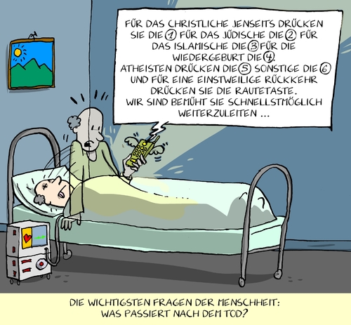 Cartoon: was passiert nach dem tod? (medium) by leopold maurer tagged tod,leben,jenseits,christentum,judentum,islam,atheismus,wiederkehr,rückkehr,nahtoderfahrung,telefonvermittlung,warteschlaufe,information,religion,glaube,sinnfrage,tod,leben,jenseits,christentum,judentum,islam,atheismus,wiederkehr,rückkehr,nahtoderfahrung,telefonvermittlung,warteschlaufe,information,religion,glaube,sinnfrage