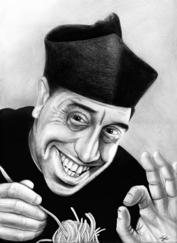 Cartoon: Don Camillo loves Pasta (medium) by Stefan Kahlhammer tagged caricature,flankalan,flankale,karikatur,kahlhammer,fernandel,don,camillo,pizzapitch,spaghetti,pizza,pitch,don camillo,karikatur,pasta,spaghetti,nudeln,essen,restaurant,don,camillo