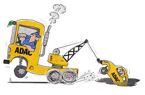 Cartoon: ADAC (medium) by Jan Rieckhoff tagged adac,automobilclub,verein,krise,skandal,gelbe,engel,panne,pannenhilfe,abschlepper,adac,automobilclub,verein,krise,skandal,gelbe,engel,panne,pannenhilfe,abschlepper